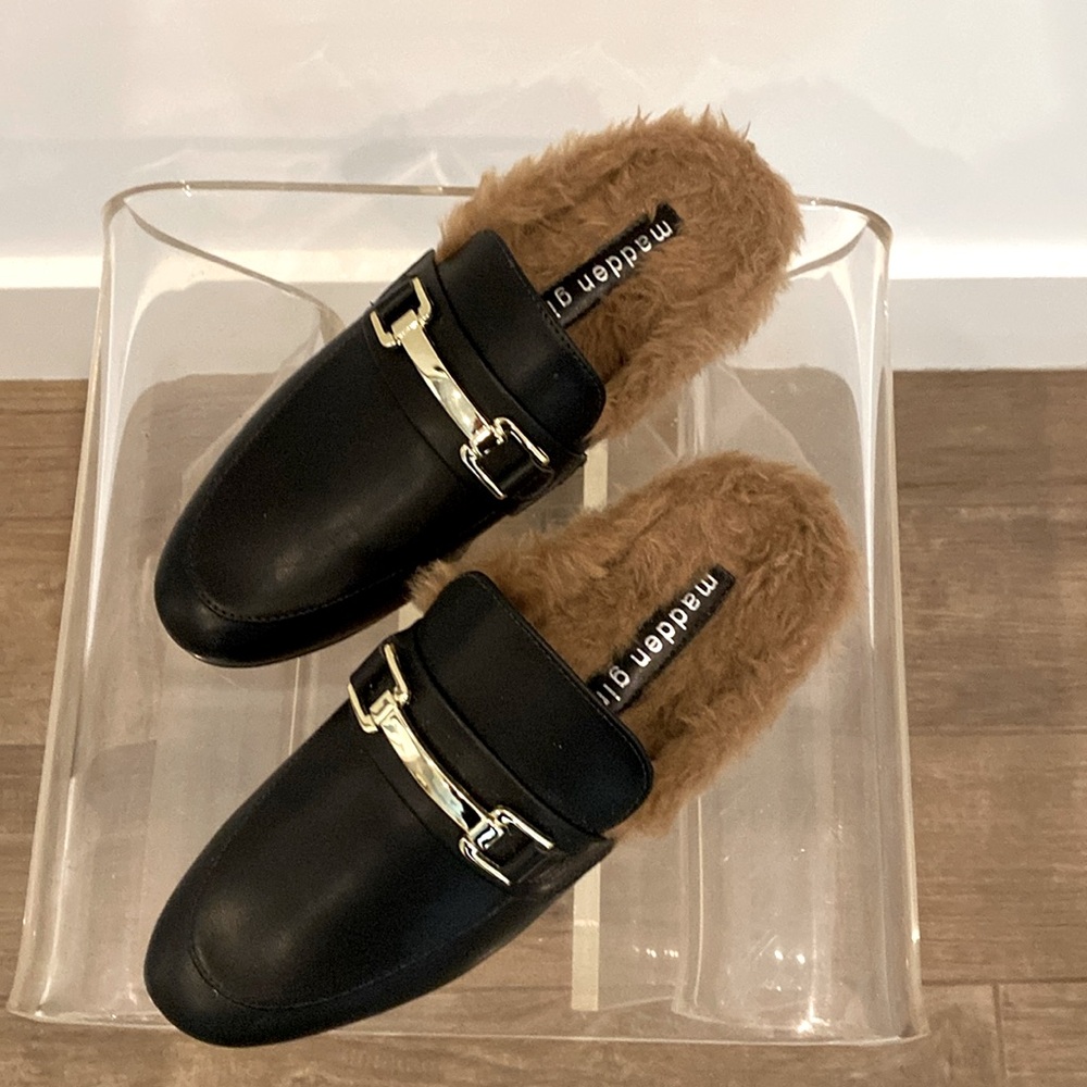 Madden Girl Khloe Black Faux Leather Mules 
With Fur
